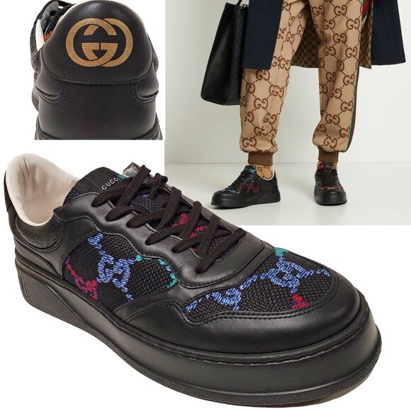 GUCCI SNEAKERS CHUNKY GG LOGO BLACK CANVAS LEATHER SHOES sz 10 10.5 - Picture 1 of 15